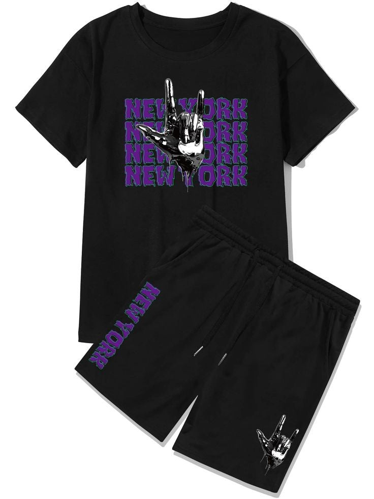 Mens Summer Shorts + T-Shirt Set - SS75 - Black Black