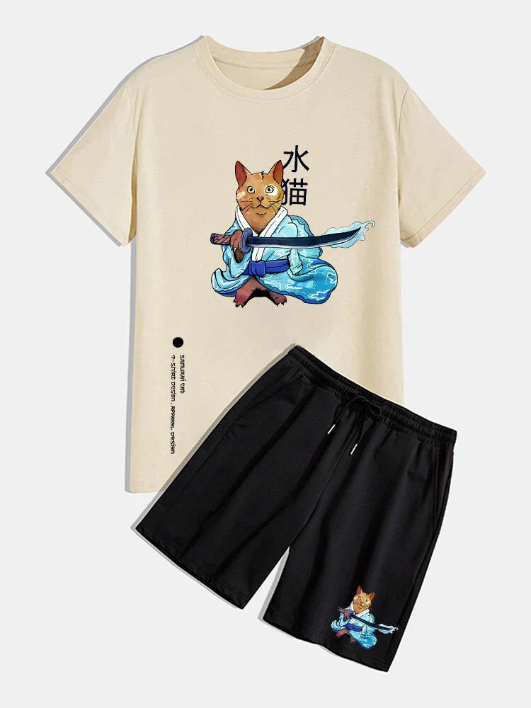 Mens Summer Shorts + T-Shirt Set - SS33 - Cream Black