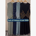 Pack of 4 Embroidered Abayas | Sage Green, Navy, Sky Blue & Black | All Sizes