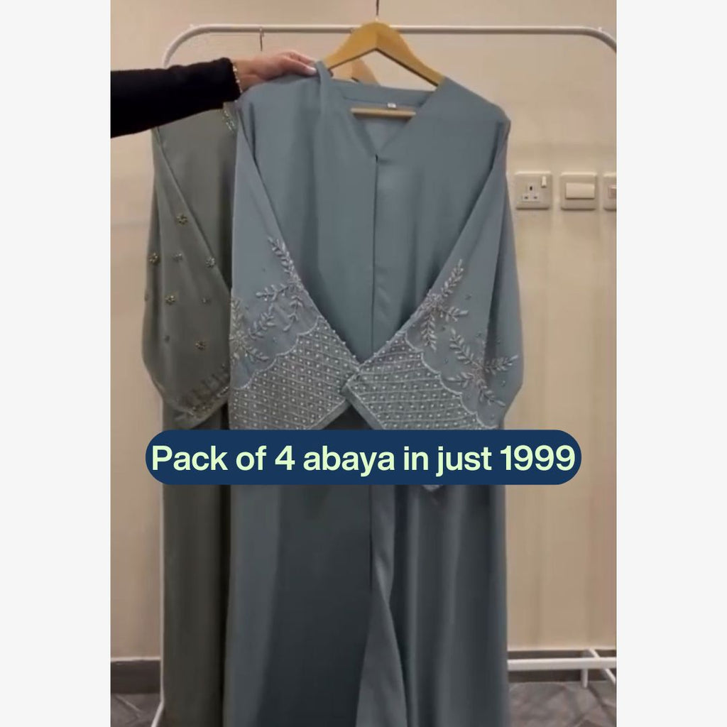 Pack of 4 Embroidered Abayas | Sage Green, Navy, Sky Blue & Black | All Sizes