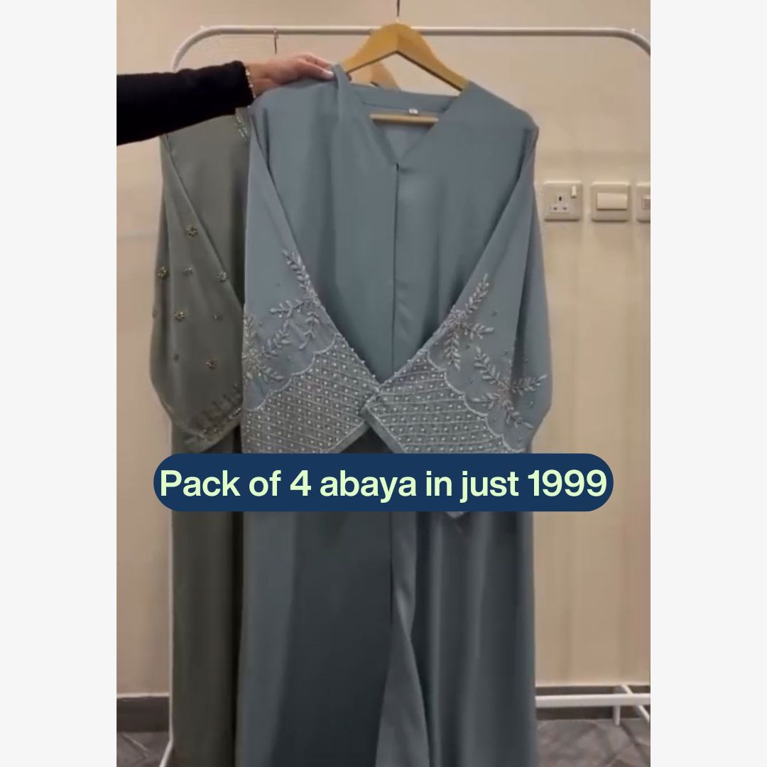 Pack of 4 Embroidered Abayas | Sage Green, Navy, Sky Blue & Black | All Sizes
