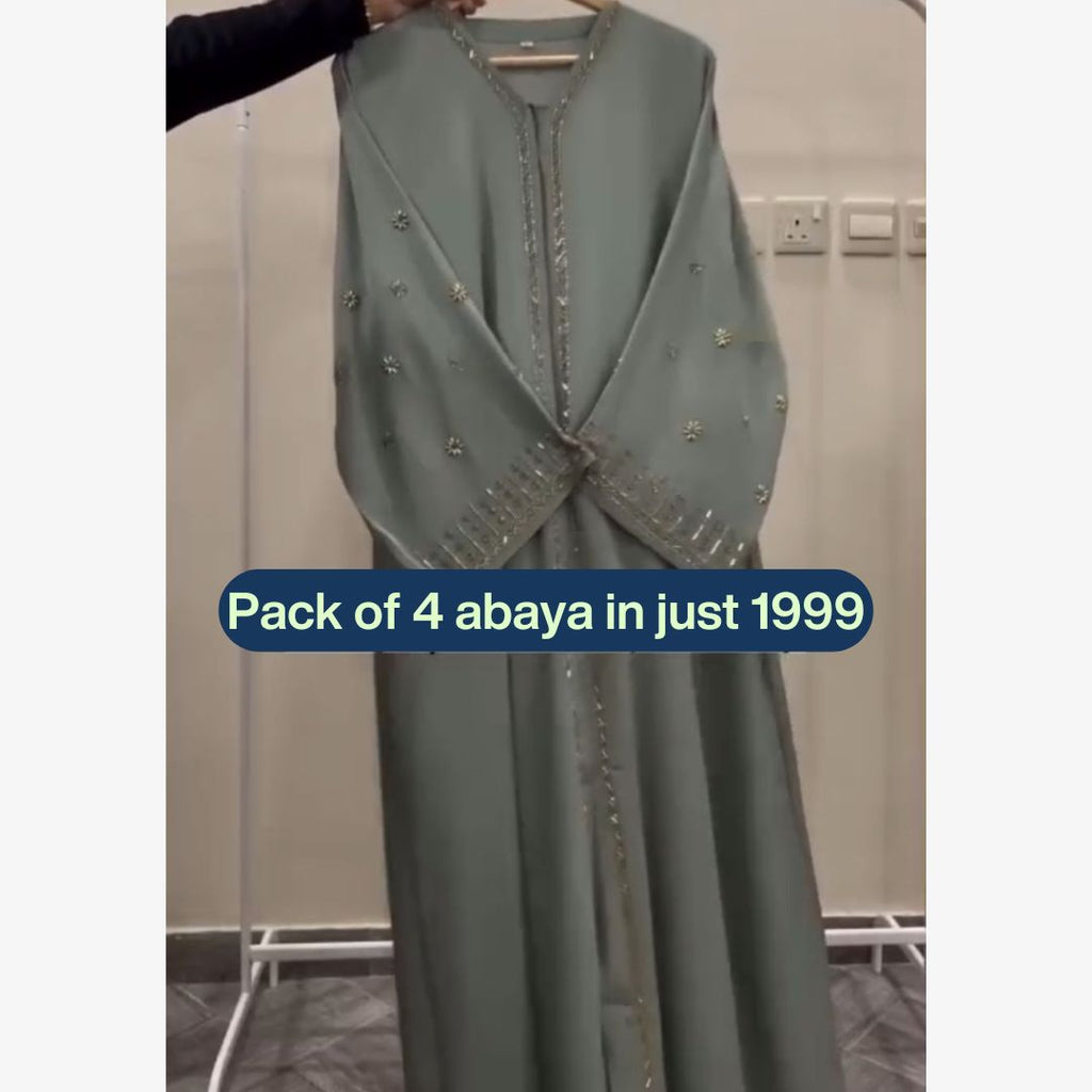 Pack of 4 Embroidered Abayas | Sage Green, Navy, Sky Blue & Black | All Sizes