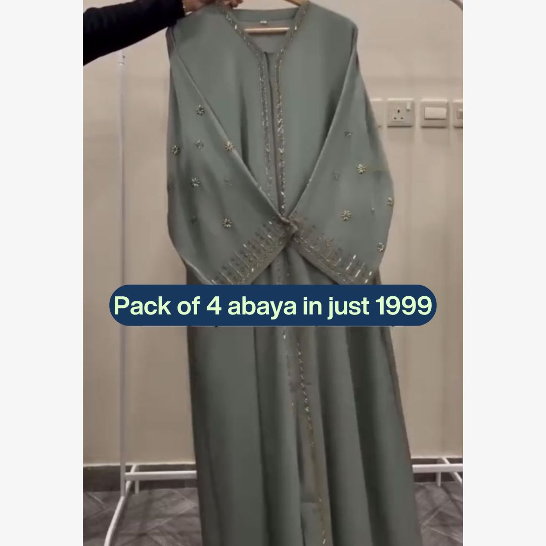 Pack of 4 Embroidered Abayas | Sage Green, Navy, Sky Blue & Black | All Sizes