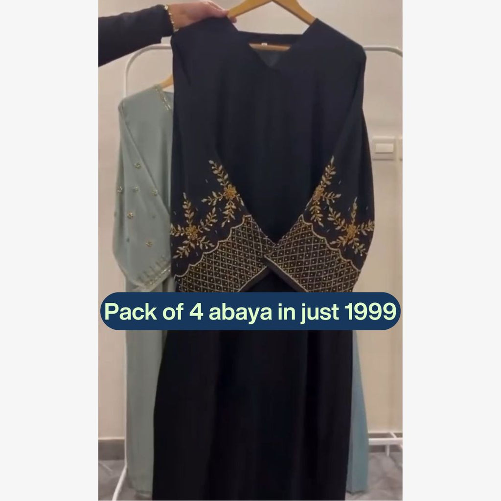 Pack of 4 Embroidered Abayas | Sage Green, Navy, Sky Blue & Black | All Sizes