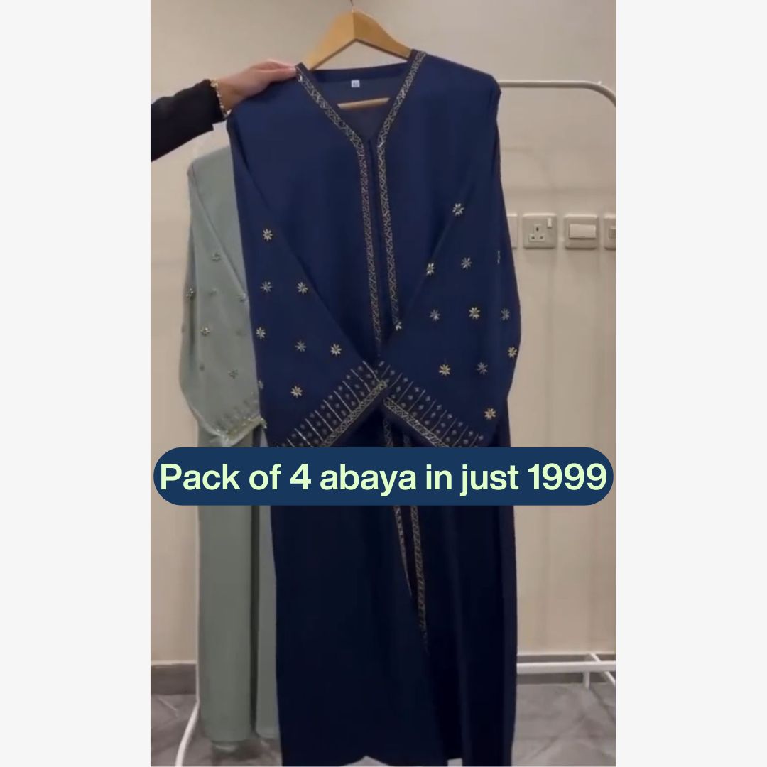 Pack of 4 Embroidered Abayas | Sage Green, Navy, Sky Blue & Black | All Sizes